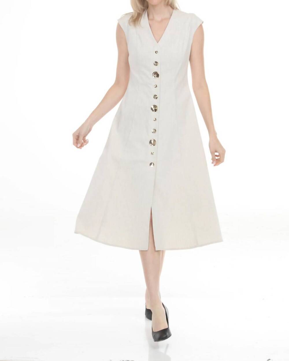NEW JOSEPH RIBKOFF button front v-neck midi a-line dress in natural